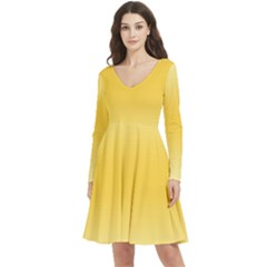 Cream Yellow To Amber Orange Bilinear Gradient Long Sleeve V-neck Skater Dress With Pockets