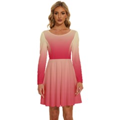 Cream Yellow To Crimson Red Linear Gradient Long Sleeve Wide Neck Velvet Dress
