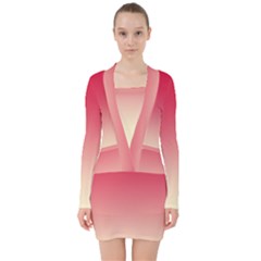 Crimson Red To Cream Yellow Linear Gradient V-neck Bodycon Long Sleeve Dress