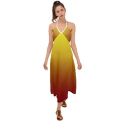 Electric Yellow To Burgundy Red Linear Gradient Halter Tie Back Dress 