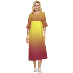 Electric Yellow To Burgundy Red Linear Gradient Double Cuff Midi Dress