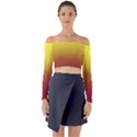 Electric Yellow To Burgundy Red Linear Gradient Long Sleeve Off Shoulder Crop Top View1