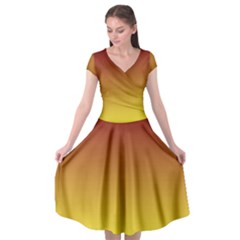 Burgundy Red To Electric Yellow Linear Gradient Cap Sleeve Wrap Front Dress