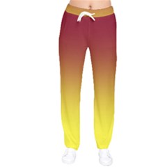 Burgundy Red To Electric Yellow Linear Gradient Women Velvet Drawstring Pants