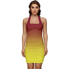 Burgundy Red To Electric Yellow Linear Gradient Sleeveless Wide Square Neckline Ruched Bodycon Dress