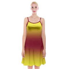 Electric Yellow To Burgundy Red Bilinear Gradient Spaghetti Strap Velvet Dress