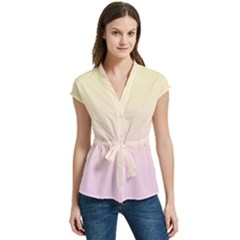 Cream Yellow To Pink Lace Linear Gradient Women s Cap Sleeve Mandarin Collar Waist Tie Blouse