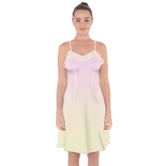 Pink Lace To Cream Yellow Linear Gradient Ruffle Detail Chiffon Dress