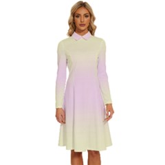 Cream Yellow To Pink Lace Bilinear Gradient Long Sleeve Shirt Collar A-line Dress