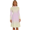 Cream Yellow To Pink Lace Bilinear Gradient Long Sleeve Shirt Collar A-Line Dress View1