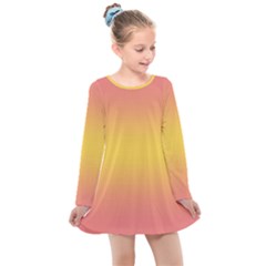 Coral Pink To Electric Yellow Bilinear Gradient Kids  Long Sleeve Dress