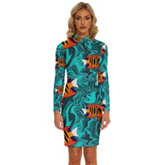 Flame Swirls Long Sleeve Shirt Collar Bodycon Dress