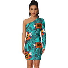 Flame Swirls Long Sleeve One Shoulder Mini Dress