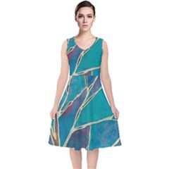Aqua Batik, Abstract, Colorful V-neck Midi Sleeveless Dress 