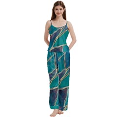 Aqua Batik, Abstract, Colorful Spaghetti Top Long Pants Satin Pajamas Set
