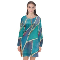 Aqua Batik, Abstract, Colorful Long Sleeve Chiffon Shift Dress 