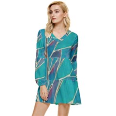 Aqua Batik, Abstract, Colorful Tiered Long Sleeve Mini Dress