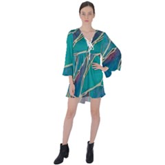 Aqua Batik, Abstract, Colorful V-neck Flare Sleeve Mini Dress