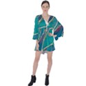Aqua Batik, Abstract, Colorful V-Neck Flare Sleeve Mini Dress View1