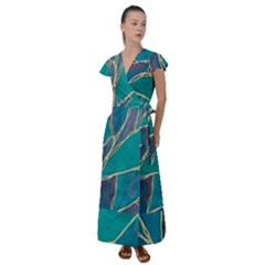 Aqua Batik, Abstract, Colorful Flutter Sleeve Maxi Dress