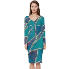 Aqua Batik, Abstract, Colorful Long Sleeve V-neck Bodycon Dress 