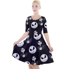 Jack Print, White, Before, Plain, Black, Simple, Christmas Quarter Sleeve A-line Dress With Pockets
