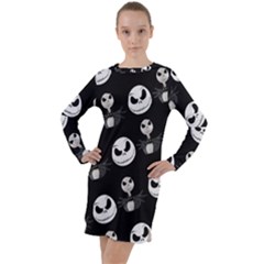Jack Print, White, Before, Plain, Black, Simple, Christmas Long Sleeve Hoodie Dress
