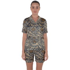 Brown Vintage Background Vintage Floral Pattern, Brown Satin Short Sleeve Pajamas Set