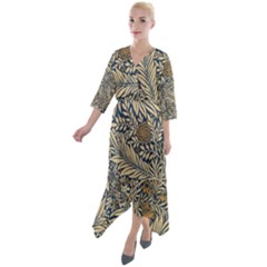 Brown Vintage Background Vintage Floral Pattern, Brown Quarter Sleeve Wrap Front Maxi Dress