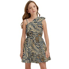 Brown Vintage Background Vintage Floral Pattern, Brown Kids  One Shoulder Party Dress
