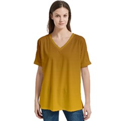 Chocolate Brown To Amber Orange Linear Gradient V-neck Split Shoulder Casual T-shirt