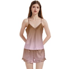 Chocolate Brown To Pink Lace Linear Gradient V-neck Satin Loungewear Set