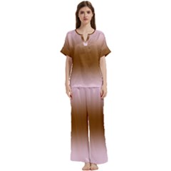 Pink Lace To Chocolate Brown Bilinear Gradient Short Sleeve Long Pants Satin Pajamas Set