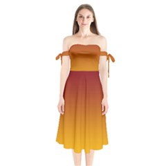 Burgundy Red To Amber Orange Linear Gradient Shoulder Tie Bardot Midi Dress