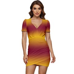 Amber Orange To Burgundy Red Bilinear Gradient Low Cut Cap Sleeve Mini Dress