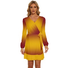 Burgundy Red To Amber Orange Bilinear Gradient Long Sleeve Waist Tie Ruffle Velvet Dress