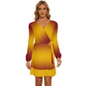 Burgundy Red To Amber Orange Bilinear Gradient Long Sleeve Waist Tie Ruffle Velvet Dress View1