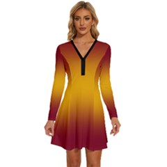 Burgundy Red To Amber Orange Bilinear Gradient Long Sleeve Deep V Mini Dress 