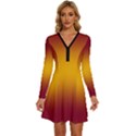 Burgundy Red To Amber Orange Bilinear Gradient Long Sleeve Deep V Mini Dress  View1