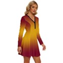 Burgundy Red To Amber Orange Bilinear Gradient Long Sleeve Deep V Mini Dress  View3