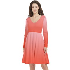 Pink Lace To Scarlet Red Linear Gradient Long Sleeve V-neck Skater Dress With Pockets
