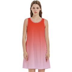 Scarlet Red To Pink Lace Linear Gradient Round Neck Sleeve Casual Dress With Pockets