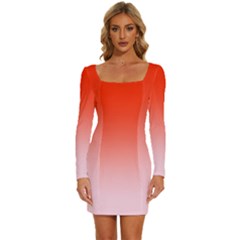 Scarlet Red To Pink Lace Linear Gradient Long Sleeve Square Neck Bodycon Velvet Dress
