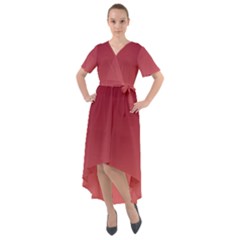 Burgundy Red To Coral Pink Linear Gradient Front Wrap High Low Dress