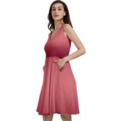 Burgundy Red To Coral Pink Bilinear Gradient Sleeveless V-neck Skater Dress With Pockets