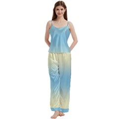 Cream Yellow To Baby Blue Bilinear Gradient Spaghetti Top Long Pants Satin Pajamas Set