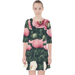 Poppy Flower Plant Petals Bloom Quarter Sleeve Pocket Dress