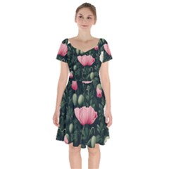 Poppy Flower Plant Petals Bloom Short Sleeve Bardot Dress