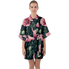 Poppy Flower Plant Petals Bloom Half Sleeve Satin Kimono 