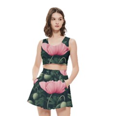Poppy Flower Plant Petals Bloom Women s Crop Top Pleated Skater Rave Skirt